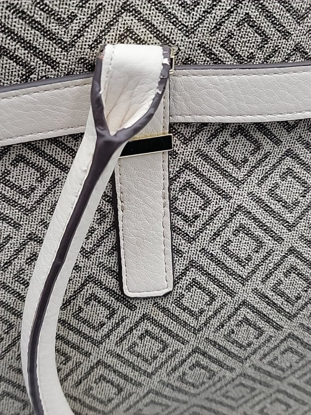 VintageLiz Claiborne Geometric Satchel Tote Bag Cream Taupe Canvas Faux Leather - Picture 9 of 16